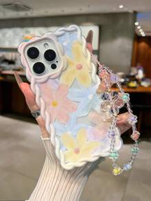 Floral Painted Braided Wave Edge Bracelet Strap Shockproof Thick Phone Protective Case, Suitable Compatible With Iphone 17/17 Pro/17 Pro Max, 16 XR/7/8, 15 Pro Max, 12 Pro Max, 13 Pro Max, 14 Pro Max, 13, 14, 11, 12, P11, P12, XS, XR, 7/8, P, 7G ES2