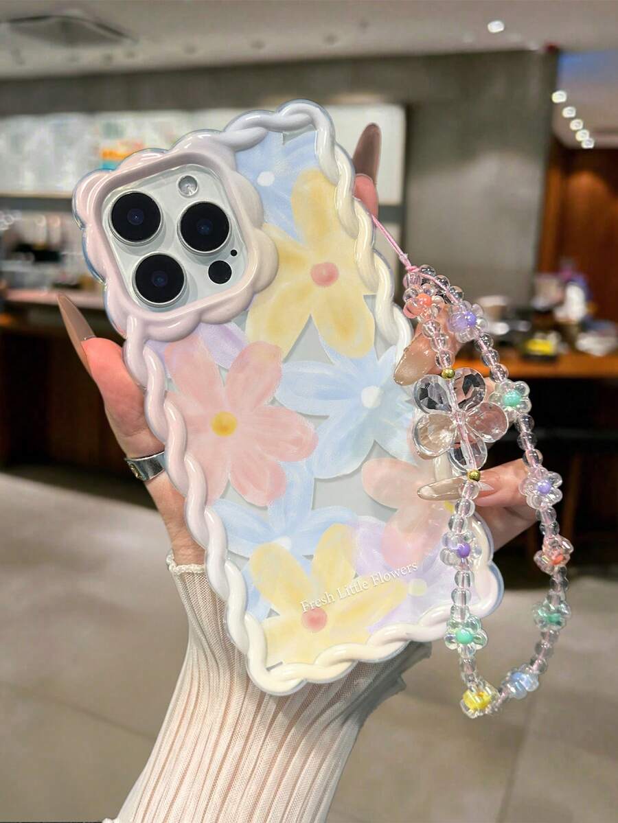 Floral Painted Braided Wave Edge Bracelet Strap Shockproof Thick Phone Protective Case, Suitable Compatible With Iphone 17/17 Pro/17 Pro Max, 16 XR/7/8, 15 Pro Max, 12 Pro Max, 13 Pro Max, 14 Pro Max, 13, 14, 11, 12, P11, P12, XS, XR, 7/8, P, 7G ES2