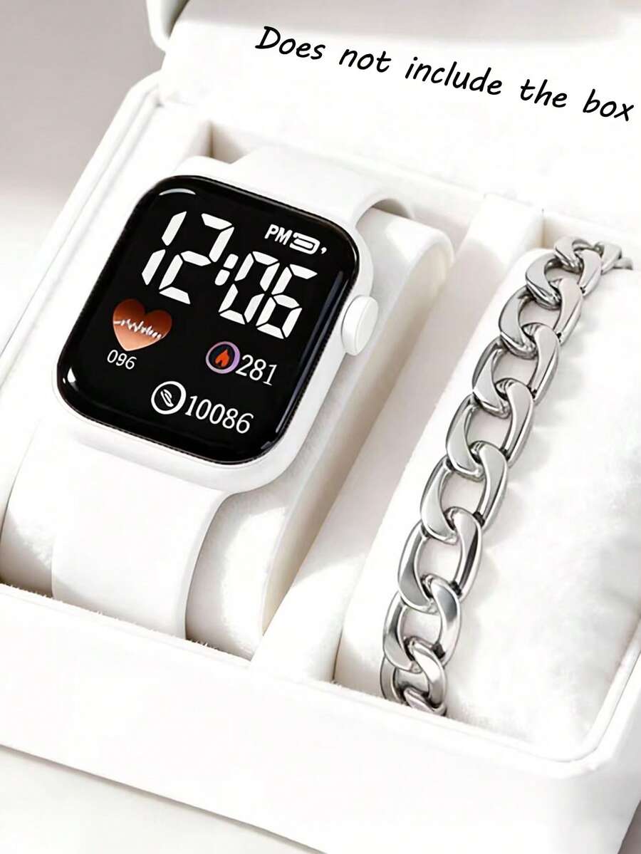 2pcs/Set, Fashionable, Minimalist And Elegant Unisex Cute Square Digital Watch Paired With Luxury Bracelet, Suitable For Parties, Gatherings, Traveling To Check Time, Also Great Gift For Occasions Like Back To School, Thanksgiving, Valentine's Day, New Year 2026 - Multicolor - View 1