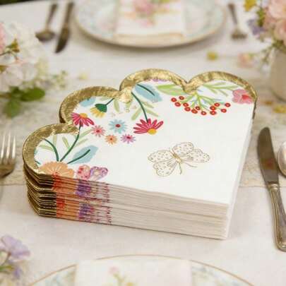 20/40/60张春季花卉蝴蝶金色压花蕾丝边一次性优雅鸡尾酒餐巾，适用于生日派对、迎婴派对、春季茶会、婚礼装饰