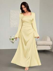 Women's Spring/Summer Fashionable & Elegant Yellow Satin A-Line Dress – Square Neckline, Flared Sleeves, Irregular Pleated Design, Ideal For New Year Gowns, Romantic Dates & Party Wear