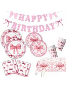 50pcs Pink Bow Birthday Party Themed Disposable Tableware Set, Includes Disposable Plates, Napkins, And Paper Cups , Perfect For Music Festival, New Year's Celebrations,Back-To-School Celebrations - Multicolor - View 12