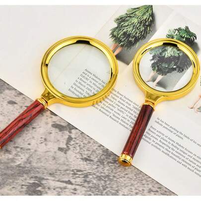 10倍手持放大镜，60毫米/70毫米/80毫米/90毫米直径可选，仿木手柄，镀金，生日/毕业礼物