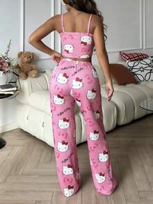 Sanrio 2 件套 Hello Kitty 印花女式吊带短款上衣 + 松紧腰直筒裤可爱睡衣套装 - 玫紅色 - 查看 7