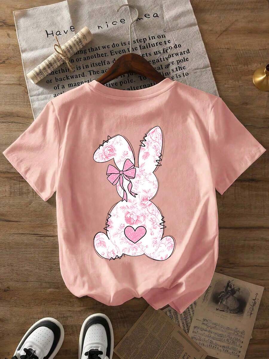 Girls Cartoon Rabbit Print Short Sleeve T-Shirt, Teens Round Neck Blouse For Summer - Pink - View 1