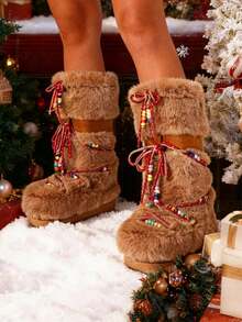 Faux Fur Boots For Women Winter Snow Boots Platform Lace Up Round Toe Boots Warm Snow Shoes Fluffy Winter Boots - 駝色 - 查看 7