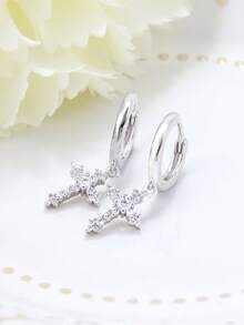 925纯银镶嵌立方氧化锆十字架耳环，低过敏性优雅耳环，适合女性日常佩戴，生日礼物 - 銀色 - 查看 3