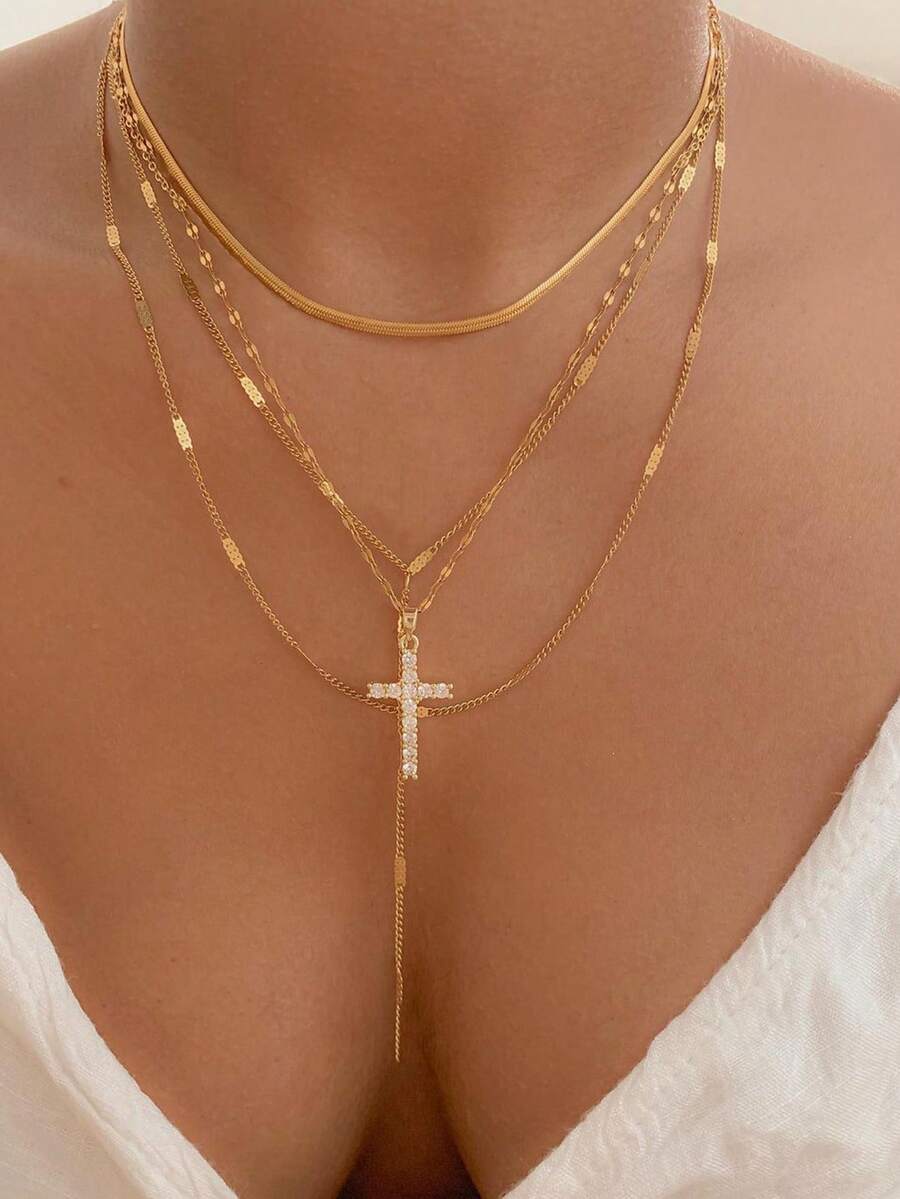 4pcs/Set Simple Cross, Rhinestone, Snakeskin Chain & Tassel Necklace Set For Women, Ideal For Date & Vacation.