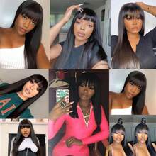 Brazilian Human Hair Wig With Bangs Remy Straight Bob Wigs Full Machine Made Wig For Women 8-14 Inches Non Lace Bob Wigs 200% Density Glueless Wigs - Natural Black - View 12