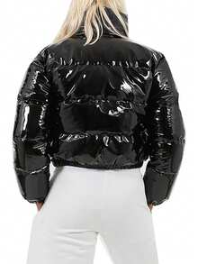 Women's Winter Stand Collar Cropped Coat,Shiny PU Puffer Jacket,  Quilted Oversized Padded Outerwear For Street Style - màu đen - Xem 2