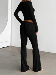 Onicee 女士夏季加大码黑色方领褶皱长袖上衣和裤子套装，适合狂欢节、约会、聚会、派对、旅行、度假、海滩等场合。 - 黑色 - 查看 8