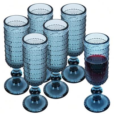 Set Of 6 Blue Vintage Goblets - 14oz Beaded Champagne Flutes & Wine Glasses For Mimosa, Cocktails, Bridal Shower, Boho Wedding, Party Drinkware, Crystal Aesthetic Glass Cups