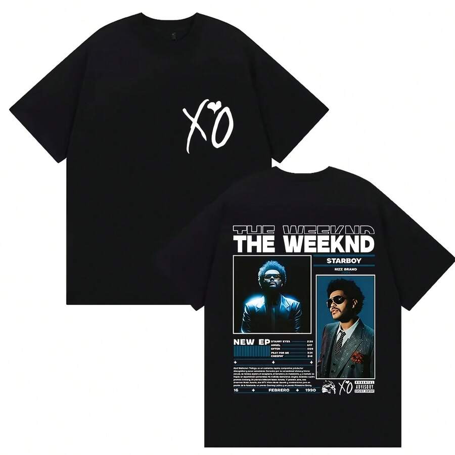 Rap Singer THE WEEKEND STARBOY XO Tour 2025 Vintage Pattern T-Shirt For Men Women Fashionable Hip-Hop Oversized Cotton T-Shirt - 黑色 - 查看 1