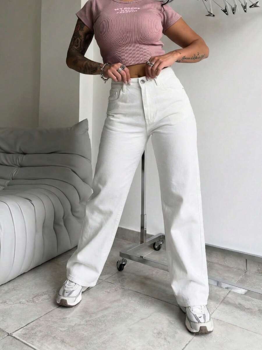 纯色直筒裤 - 白色 - 查看 1