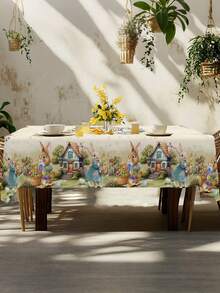 1 Stück Frühlings-Ostertischdecke, Landhausstil Hase & Eier Muster, rechteckige/runde Tischdecke mit Blumenkranz, ideal für Küchen-Esszimmer Tischdekor, Innen- und Außenbereich Picknicks, Feiertagspartys, Oster-Dekorationen für Zuhause, festliche Frühlings-Sommer-Partyzubehör - Verschiedenfarbig - Übersicht 7