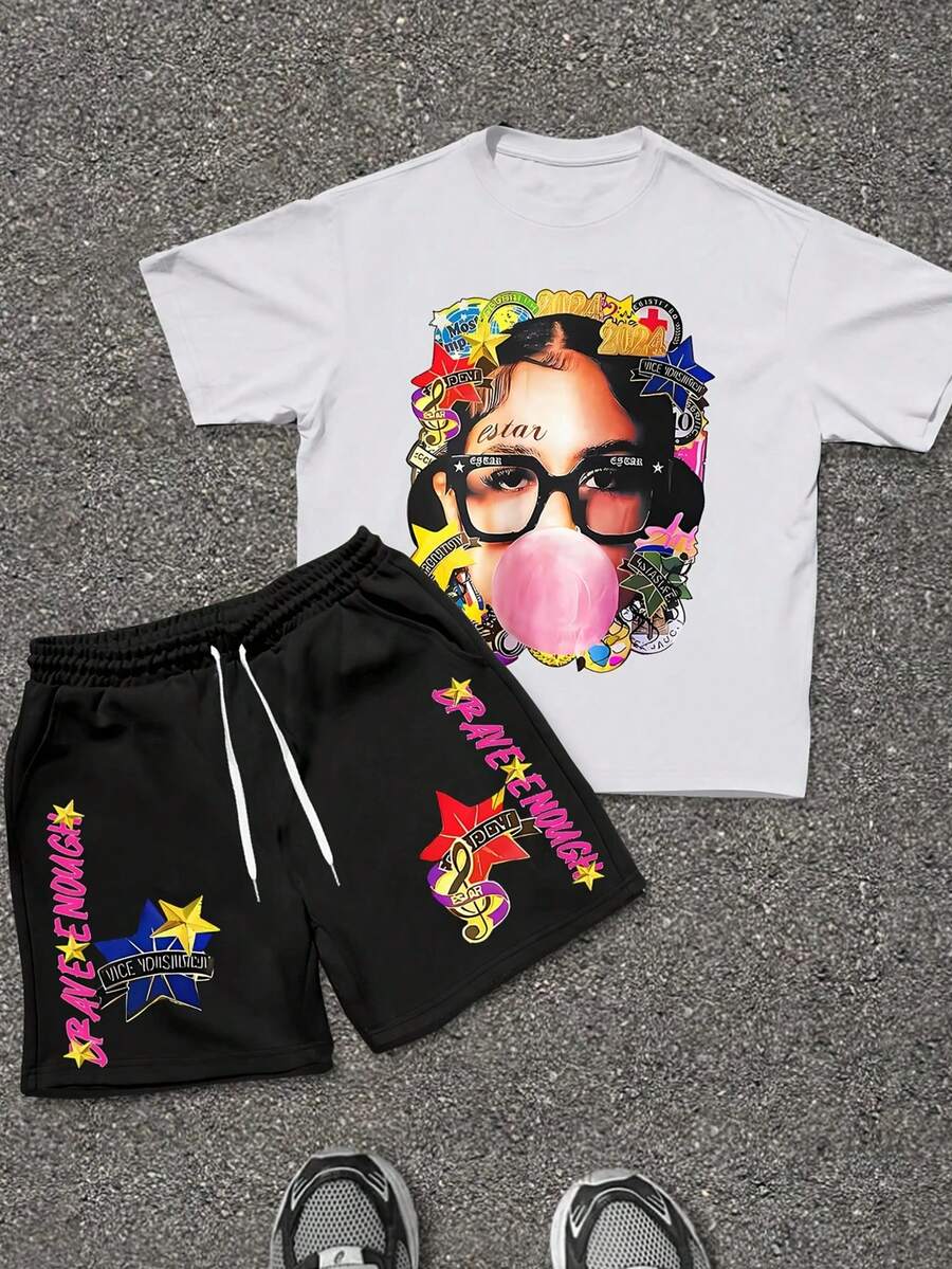BRAVE ENOUGH Letter And Street Style Graphic Printed Round Neck Short Sleeved T-Shirt With Drawstring Shorts Breathable Summer Casual Set - 白色+黑色 - 查看 1