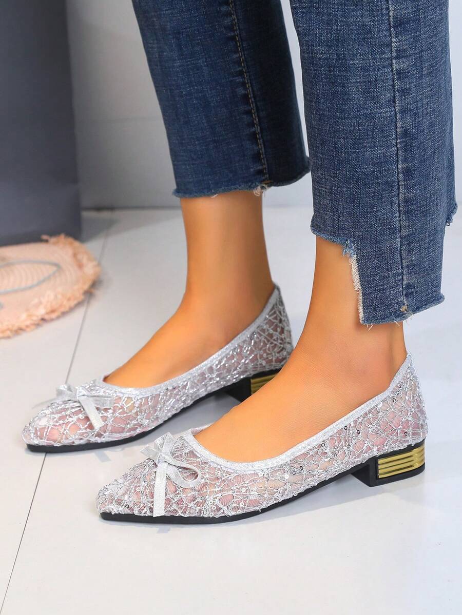 2026 Spring/Summer New Mesh Lace Women's Shoes, Pointed Toe Fashion Low Vamp Loafers, Women's Mesh Shoes - Silver - View 1