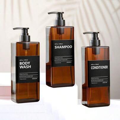 3pcs 500ml/16.9oz Refillable Plastic Pump Bottles, Includes Labels, Reusable For Shampoo, Body Wash, Cosmetics, Bathroom Shower Containers