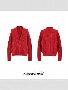Suéter de punto grueso vintage con cuello en V y costillas acanaladas suave y holgado para hombre estilo relajado y moderno - Rojo - Ver 1
