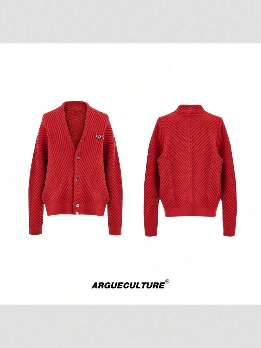 Suéter de punto grueso vintage con cuello en V y costillas acanaladas suave y holgado para hombre estilo relajado y moderno - Rojo - Ver 1