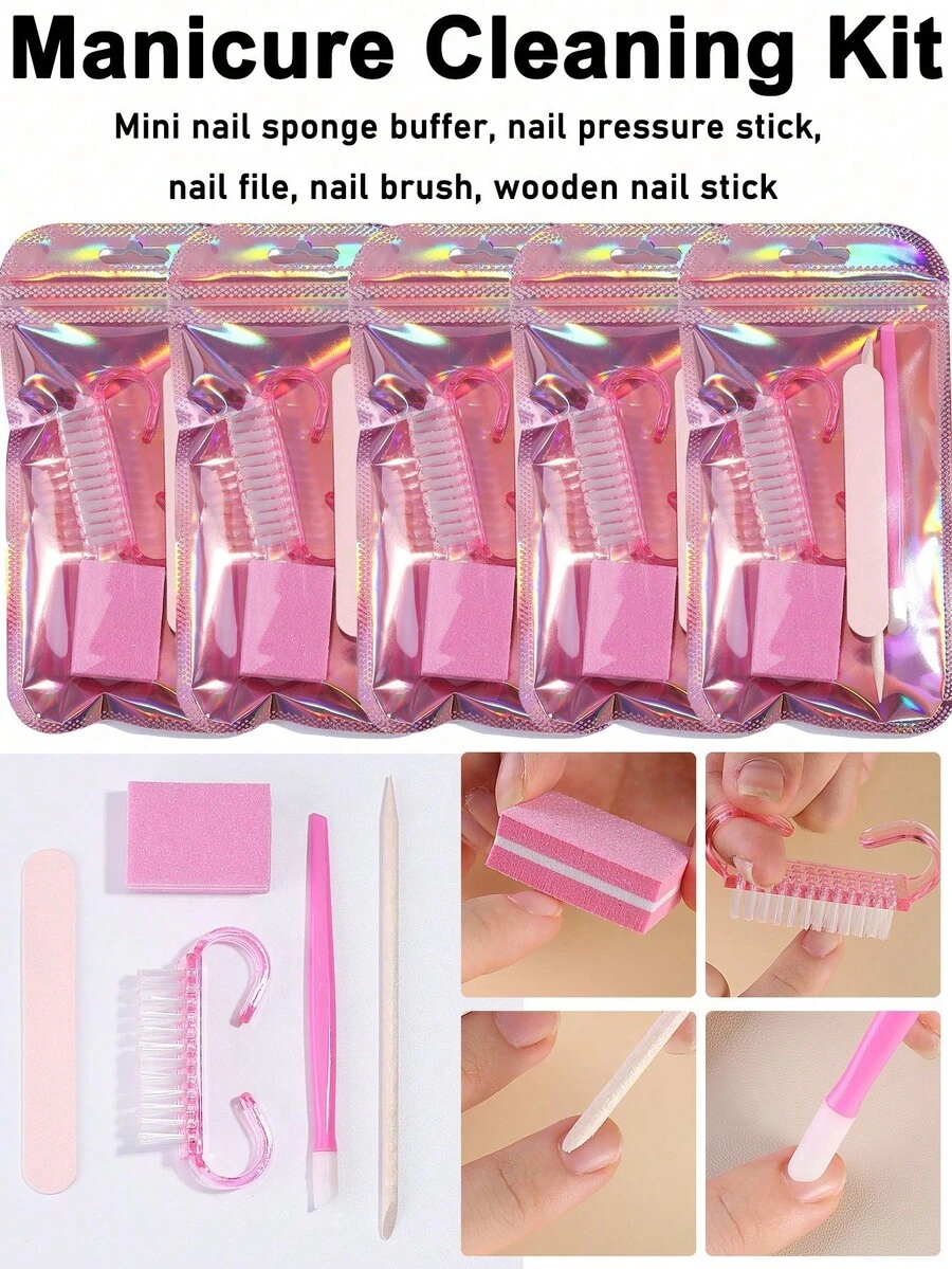 五合一便携式美甲美足套装 - 独立包装:双面指甲锉、木质角质层推棒、指甲清洁工具、指甲抛光块、亚克力美甲笔,用于自我护理和指甲修整 - 彩色 - 查看 1