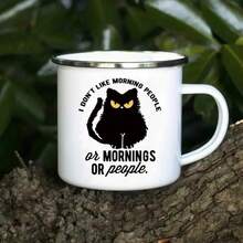 1个趣味猫咪搪瓷咖啡杯，12盎司，可重复使用，送给爱猫人士的礼物，独特的猫咪图案，仅限手洗，无需电源，适合露营和篝火，个性化晨间咖啡杯 - 白色 - 查看 8