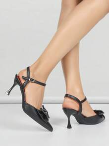Women's Retro Romantic Bow Pointed Toe Stiletto High Heel Shoes, Elegant Office/Date/Party Versatile Pumps, Suitable For Valentine's Day - Black - View 5