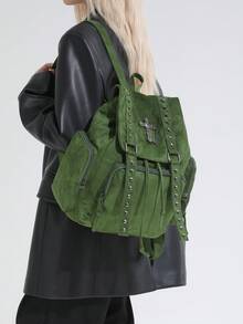 Y2K Streetwear Studded Flap Backpack For Women; Multifunctional Fashion Drawstring Shoulder Bag; Multi-Pocket Lightweight Travel Bag; Large Capacity Minimalist Student Backpack; Portable Backpack Suitable For Students, Nurses, Teachers, Business Professionals, Travel, Commuting, Shopping, Office, Dating, Hiking, Training, Work, Birthday Gift, Holiday Gift - Multicolor - View 5