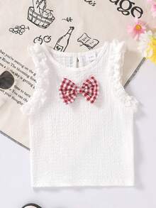 2pcs/Set Girls Soft & Comfortable Casual Fashion Cute Bow Decor Knitted Plaid T-Shirt Vest Paired With Fluffy Layered Ruffle Hem Shorts, Girls Outfit, Suitable For Summer Daily Wear, Vacation, Party And Outdoor Activities - Multicolor - View 9