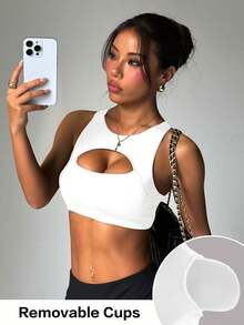 Women's Solid Color Removable Padded Hollow Back Letter Strap Elastic Sports Bra, Summer White Spring - White - View 2