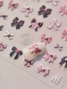 1片甜美粉黑蝴蝶结美甲贴纸，高品质珍珠串珠设计，自粘式美甲装饰贴纸 - 彩色 - 查看 7