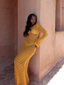 MORI Orange Hollow-Out Long Sleeve Knitted Cover Up Dress, Women's Spring/Summer New Beach Holiday Vacation Seaside Outfit, Summer Fashion Elegant Casual Loose Daily Versatile Travel Comfortable Knit Dress - Orange - View 3