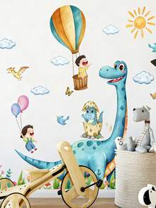 2pcs Cartoon Cute Dinosaur Decorative Wall Stickers, Children's Room Wall Creative Decor Stickers, Sun Hot Air Balloon Children's Room Decor Wall Stickers, Removable Wall Decals For Background - Multicolor - View 3