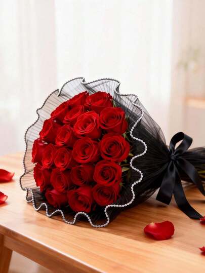 1 Roll, 4m Black Flower Tulle Wrapping Paper, Floral Supplies, Suitable For Weddings, Birthdays, Packaging, Bouquet Wrapping, Gift Wrapping, Fresh Flower Wrapping, Back To School Season, Valentine's Day And Other Occasions