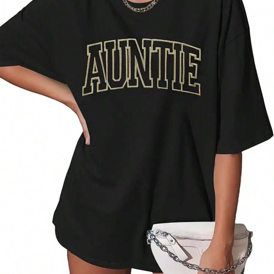 Auntie T Shirt Women Oversize Aunt Shirts Cool Aunts Club Short Sleeve Casual Loose Tops - 黑色 - 查看 1