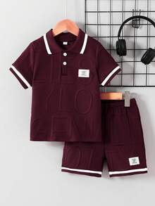 2pcs/Set Young Boy Casual Big Letter Patch Short Sleeve T-Shirt Polo And Shorts Set, Suitable For Summer Casual Outings - Burgundy - View 1