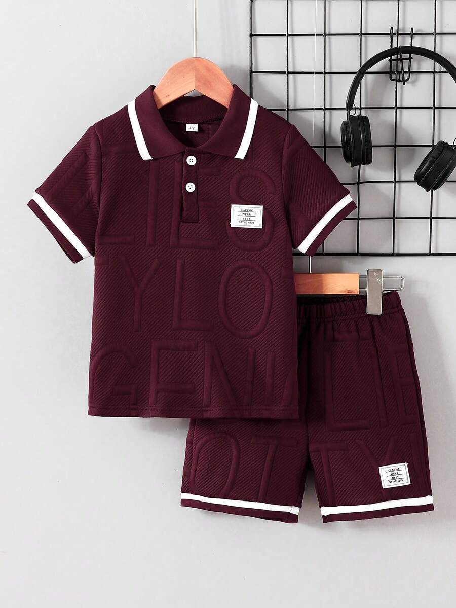 2pcs/Set Young Boy Casual Big Letter Patch Short Sleeve T-Shirt Polo And Shorts Set, Suitable For Summer Casual Outings - Burgundy - View 1
