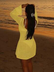 Damen Lange Ärmel Ausschnitt Badeanzug Strandkleid, eleganter Boho Bademode Stil, V-Ausschnitt Rock - Gelb - Übersicht 5