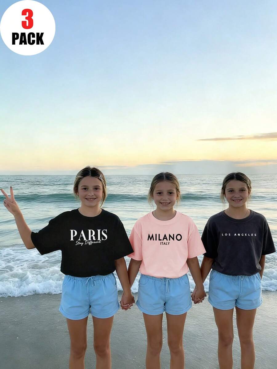 3pcs/Set Tween Girl Casual Printed Round Neck Short Sleeve T-Shirt, Summer Student Clothing - Colorful T-Shirts Bring Joy To Every Child! Tween Girl Graphic Tee Tops, Summer