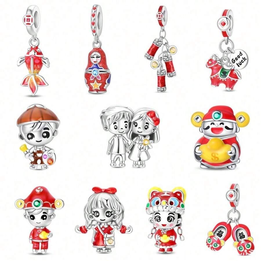 1 Silver-Plated Pendant Bead, Chinese New Year Tiger-Head Hat Girl Bead, Chinese New Year Top Scholar Bead, Chinese New Year Lucky Red Horse Pendant, Chinese New Year Tiger-Head Shoe Pendant, Chinese Good Luck Koi Pendant, Matryoshka Surprise Box Charm, Spring Festival Firecracker Celebration Pendant, Cute New God Of Wealth Bead - Multicolor - View 1