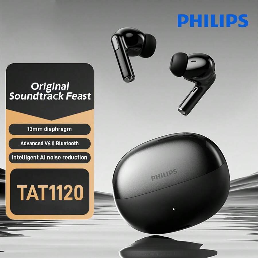 PHILIPS 飞利浦真无线耳机，蓝牙6.0，ENC主动降噪，超长续航，高品质音效，运动音乐，TAT1120 - 黑色 - 查看 1
