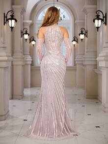 Elisanya 优雅亮片美人鱼裙摆露背晚礼服，适合鸡尾酒会、毕业典礼、婚礼、宴会等场合 - 藕粉色 - 查看 6