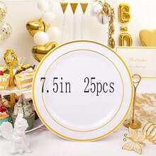 25件套白色圆盘，金色镶边（7.5英寸/10.25英寸），可重复使用且可清洗，适用于婚礼、派对、宴会、情人节、感恩节和圣诞节等场合，宴会餐具，派对餐盘，节日设计，时尚餐具，可重复使用，易于清洁，餐盘，餐饮服务，派对组织者 - 彩色 - 查看 12