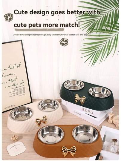 A Minimalist High-Quality Pet Feeder With Stainless Steel Double Bowls, Anti-Slip, Spill-Proof, Dual-Purpose For Food And Water, Easy To Clean