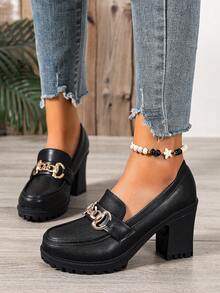 Escarpins à talon épais avec décoration de chaîne, respirants, style élégant et professionnel, talons compensés pour femmes - Noir - Voir 2