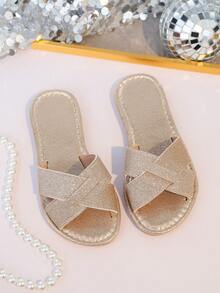 1双亮金色幼儿/儿童平底凉鞋，柔软编织面料，经典露趾设计，防滑鞋底，时尚公主风，适合海滩、派对、度假、室内/室外穿着，2026春夏款 - 玫瑰金 - 查看 2