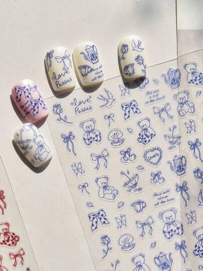 1 pieza Pegatinas de uñas de alta calidad, delgadas, resistentes, azules, con diseño de líneas lindas y lazos de oso, pegatinas de uñas DIY