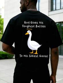 Men's Minimalist Duck Letter Print Round Neck Short Sleeve T-Shirt, Summer - Black - View 1