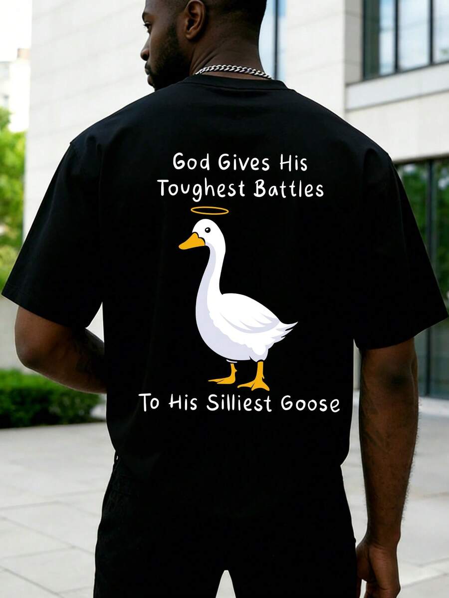 Men's Minimalist Duck Letter Print Round Neck Short Sleeve T-Shirt, Summer - Black - View 1