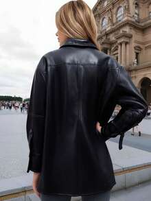 Giolshon Women Faux Leather Jacket Long Sleeve Blazer Shirt-Style Button Down Coat Black - Black - View 5